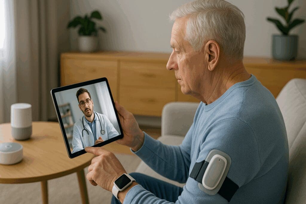 Senior man using wearable health monitors during a telehealth session, illustrating long term home health care technology.

