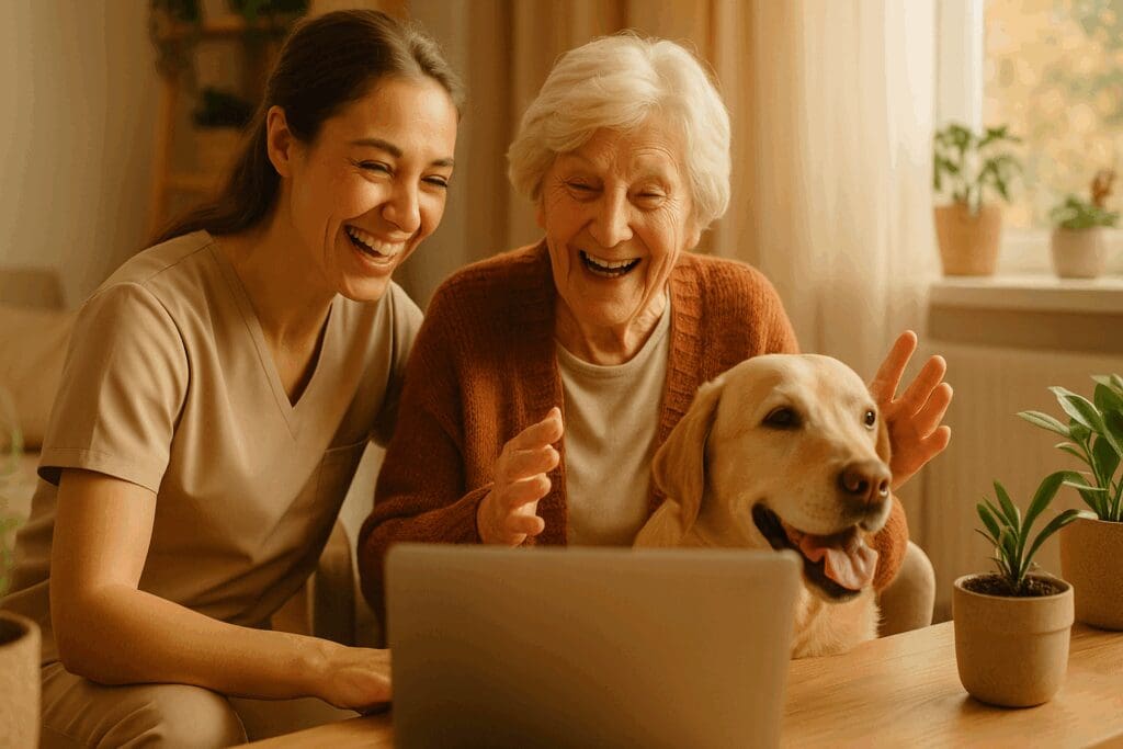 Caregiver and elderly woman smiling during a video call with family and therapy dog, highlighting emotional support in long term home health care.

