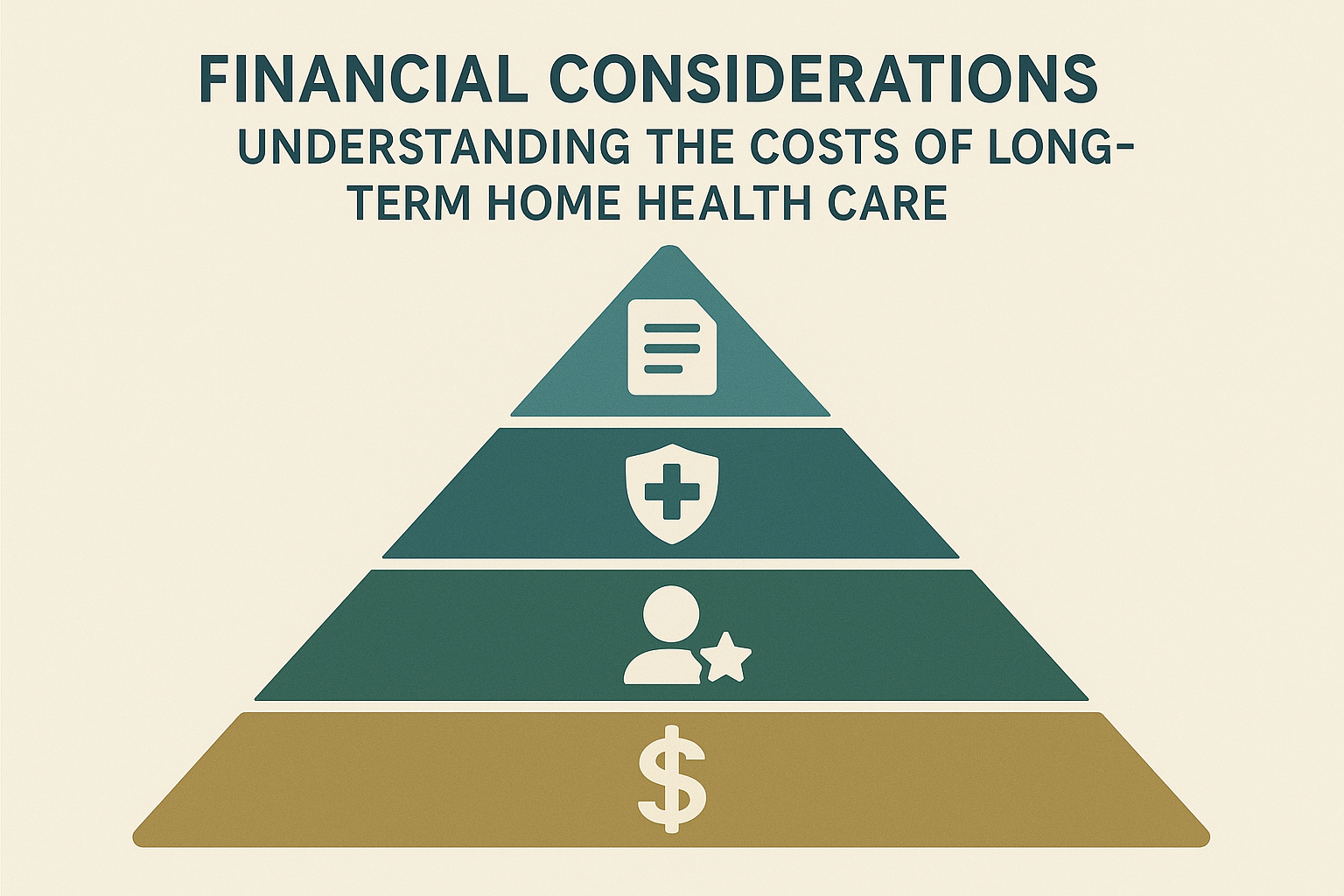 Infographic-style pyramid chart showing five funding sources for long term home health care, including Medicare, Medicaid, private insurance, VA benefits, and out-of-pocket costs using visual icons only.