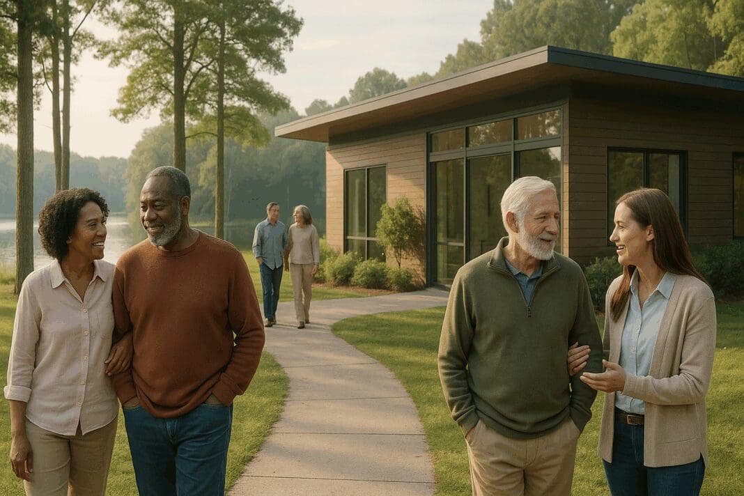 Diverse group of adults, including seniors, walking and talking peacefully outside one of the best drug and alcohol treatment centers near you, surrounded by trees and a tranquil lake.