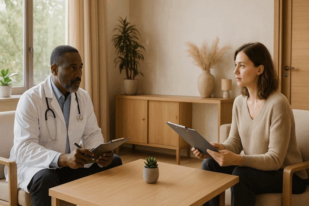 Professional care team in a calming rehab center discussing treatment plans—highlighting what to expect at the best drug and alcohol treatment centers near you.








