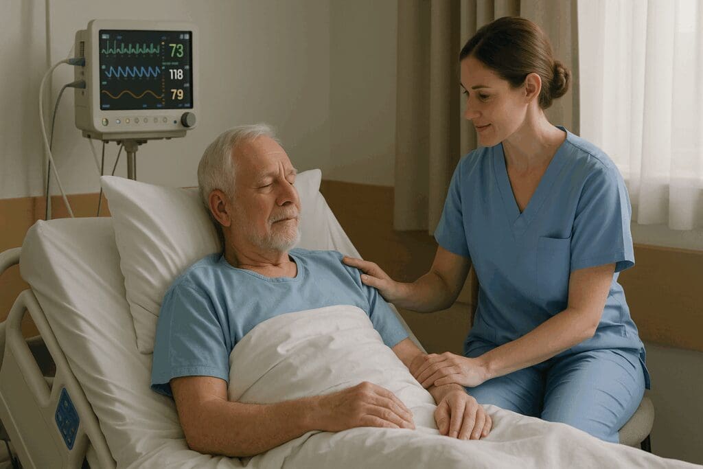 Senior patient receiving attentive care from a nurse in a quiet detox room at one of the best drug and alcohol treatment centers near you.

