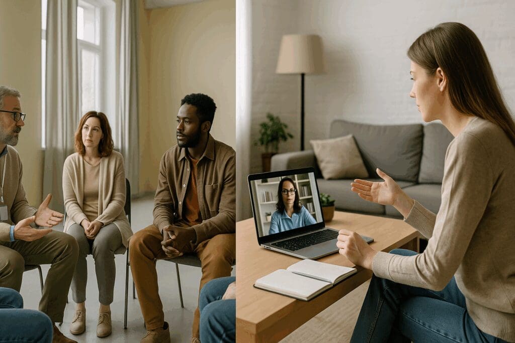 Split-screen comparison of therapy at one of the best drug and alcohol treatment centers near you, showing inpatient group counseling on the left and outpatient telehealth therapy at home on the right