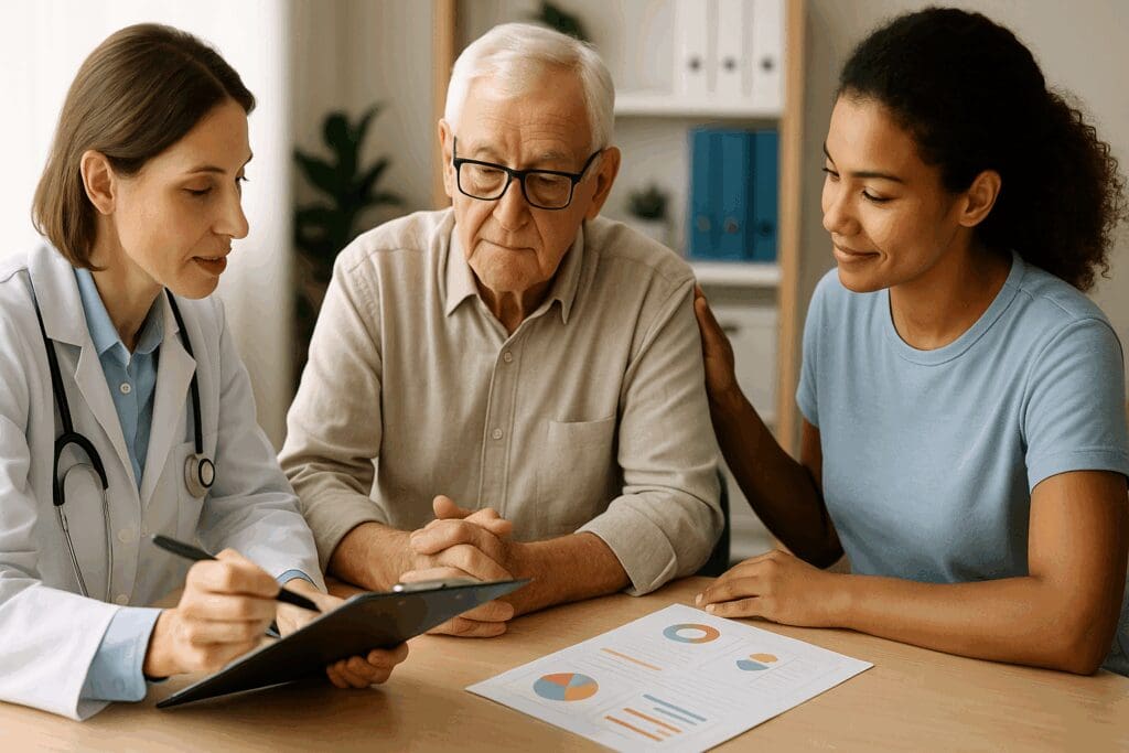 Doctor, senior patient, and caregiver discuss personalized care at one of the best drug and alcohol treatment centers near you
