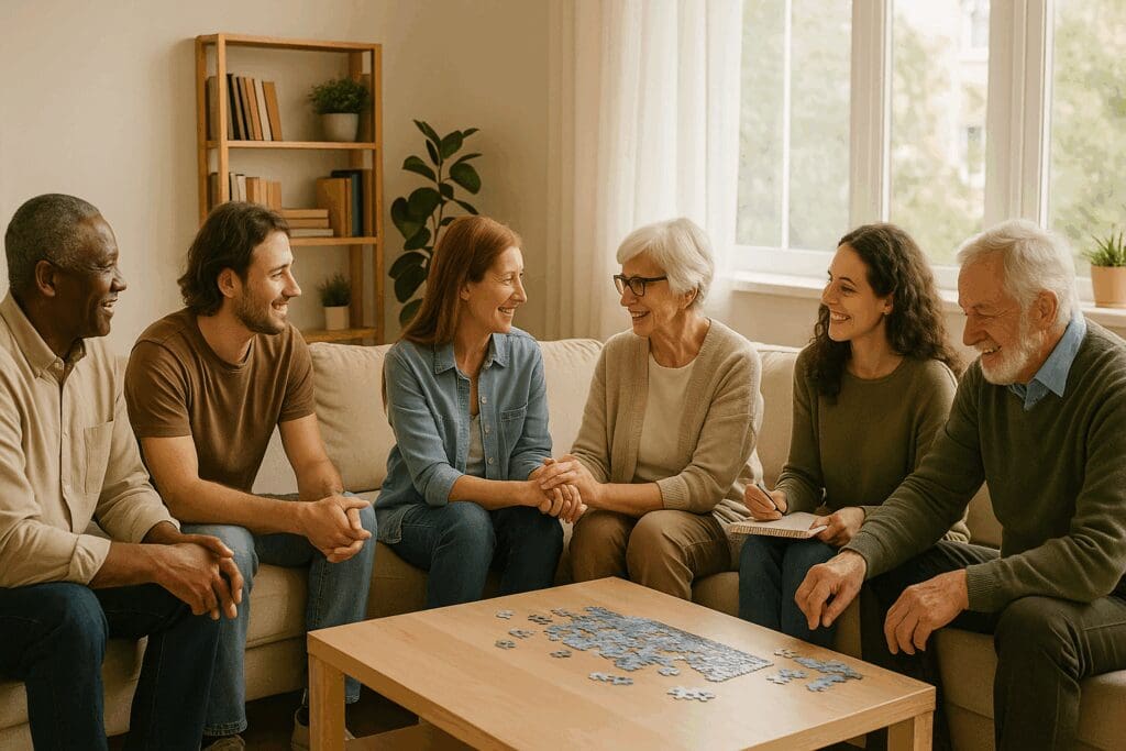Support group of older and younger adults in a cozy setting, symbolizing community healing at the best drug and alcohol treatment centers near you.

