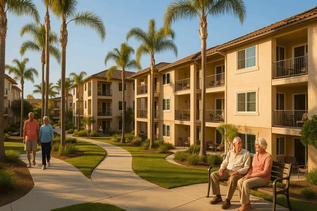 Walk-in shower, handrails, emergency button, and other safety features in affordable rental properties for seniors

