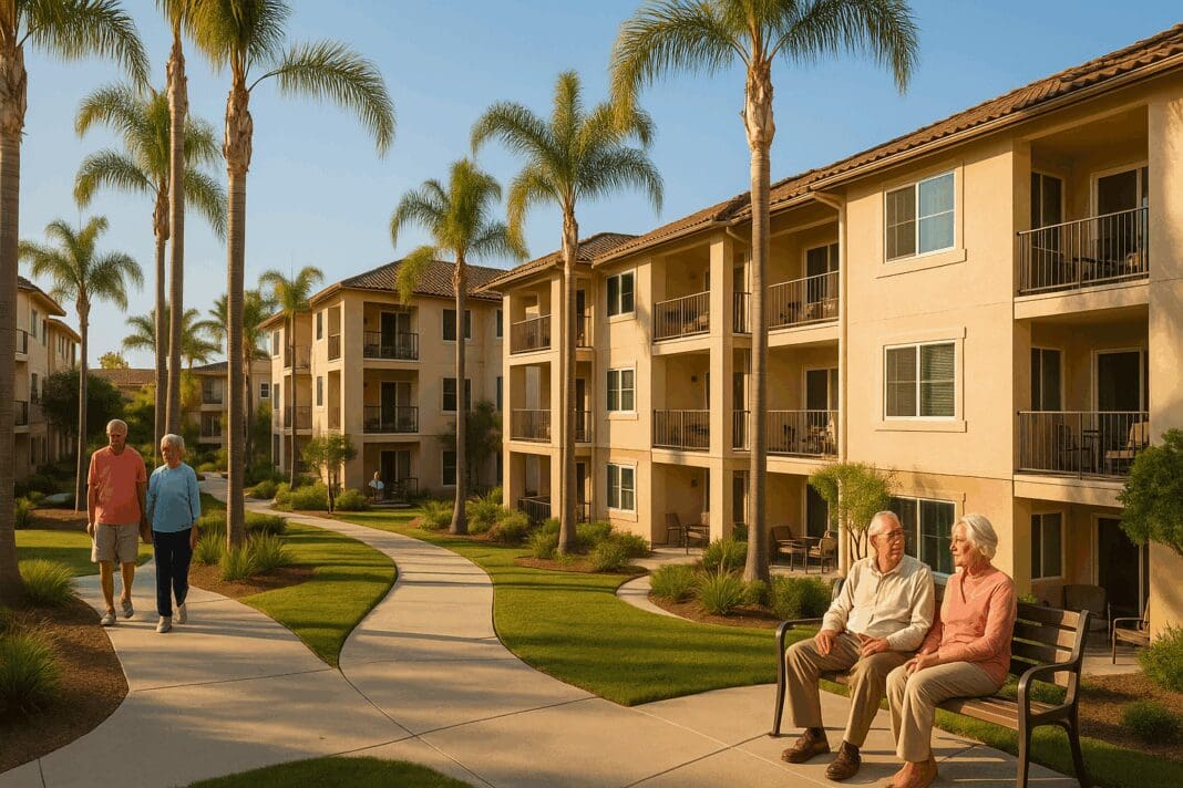 Peaceful courtyard at affordable Orange County senior apartments with palm trees, walking paths, and older adults enjoying the sunshine.
