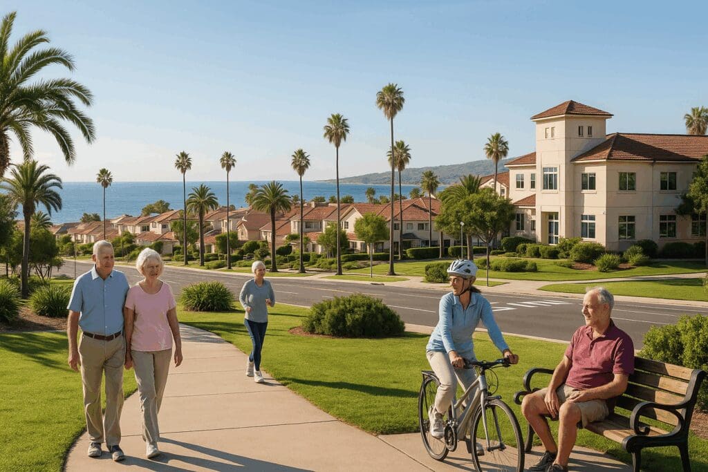 Senior adults walking, biking, and relaxing in a sunny coastal community near healthcare centers and parks, showcasing affordable Orange County senior apartments.


