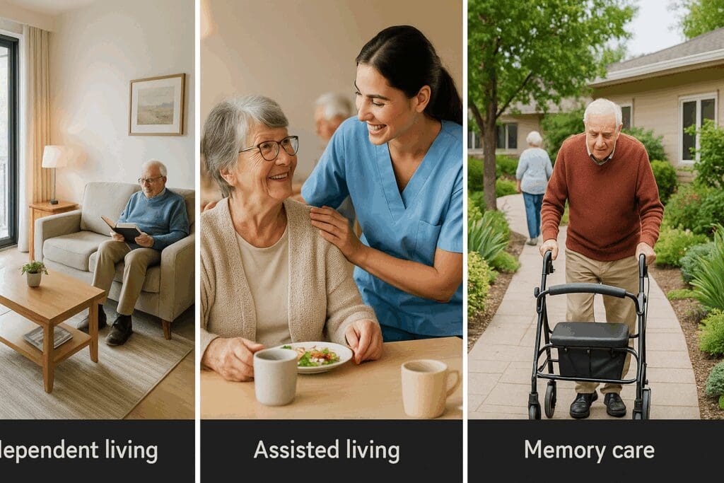 Three types of affordable Orange County senior apartments shown: independent living unit, assisted living with caregiver, and memory care garden path.

