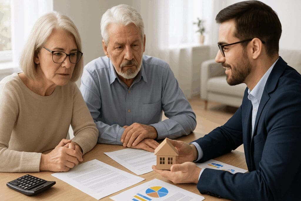 Senior couple discussing Affordable Orange County Senior Apartments with a financial advisor, reviewing housing charts and documents.

