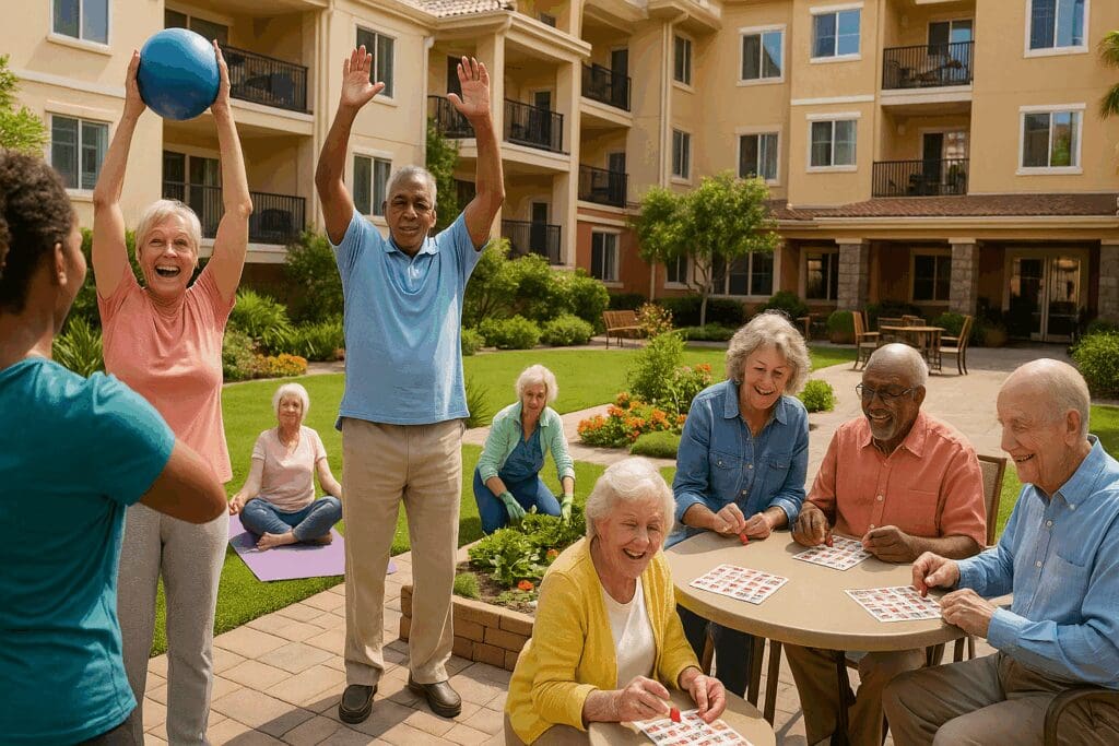 Older adults enjoying wellness activities in a vibrant courtyard at affordable Orange County senior apartments

