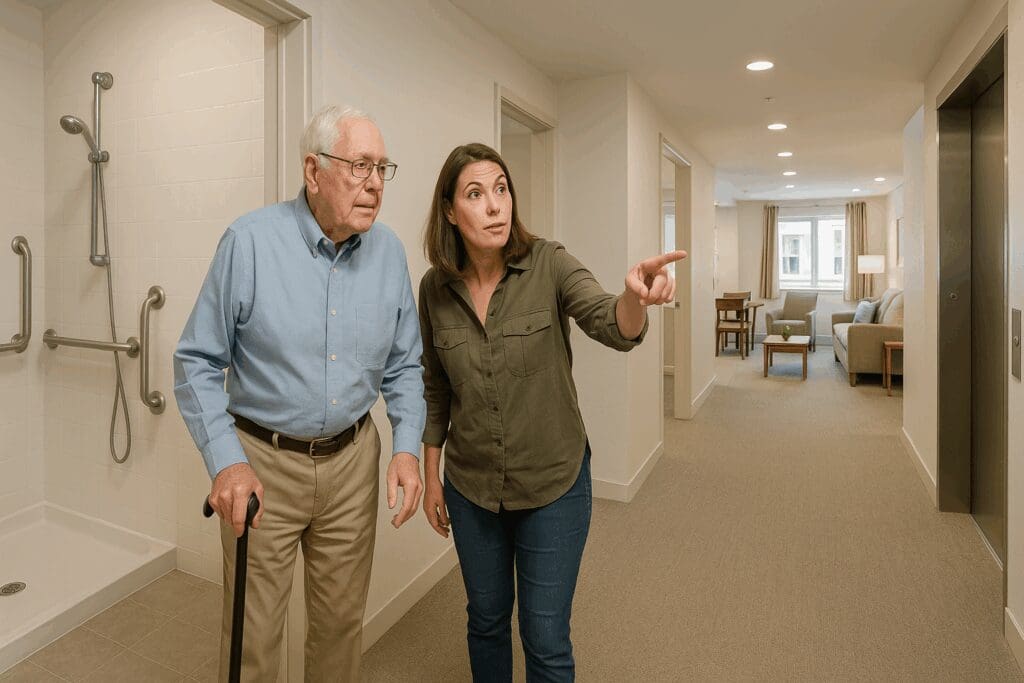 Senior man and family member touring affordable Orange County senior apartments with walk-in shower, grab bars, and spacious hallway.

