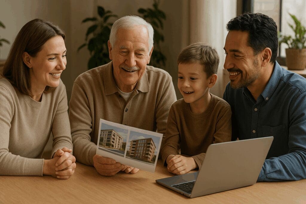 Family discussing Affordable Orange County Senior Apartments around a table with brochures and a laptop in a warm, supportive setting

