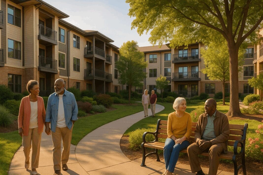 Modern 65 and older apartments with seniors walking, talking, and relaxing in a landscaped courtyard on a sunny afternoon.