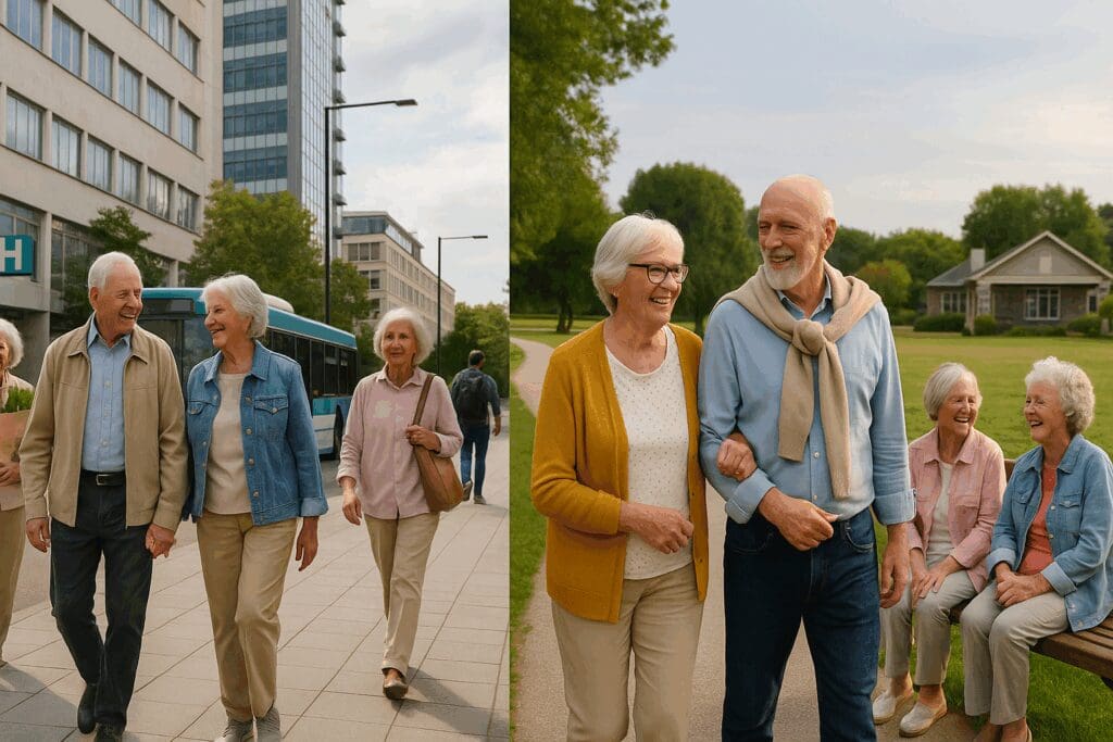 Split view of seniors enjoying city conveniences and suburban green space, highlighting lifestyle options near 65 and older apartments.

