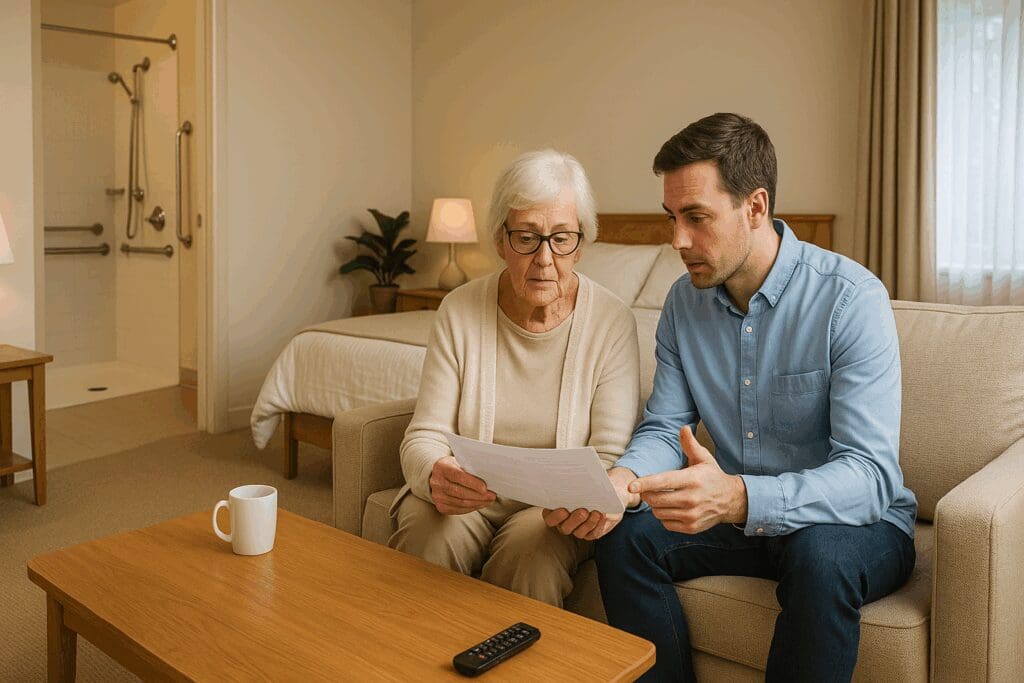 Senior woman and adult son reviewing rental documents in a cozy 65 and older apartment with accessible features like grab bars and a walk-in shower.

