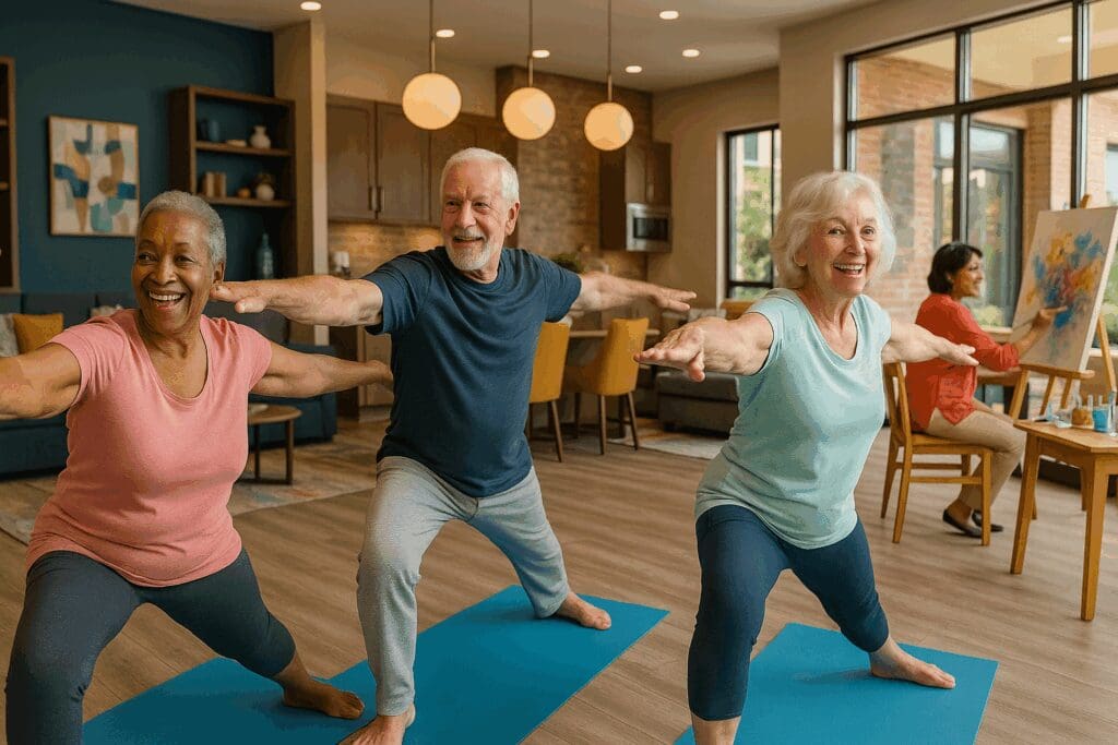 Seniors in a wellness center at 65 and older apartments doing yoga and painting in a bright, social community space

