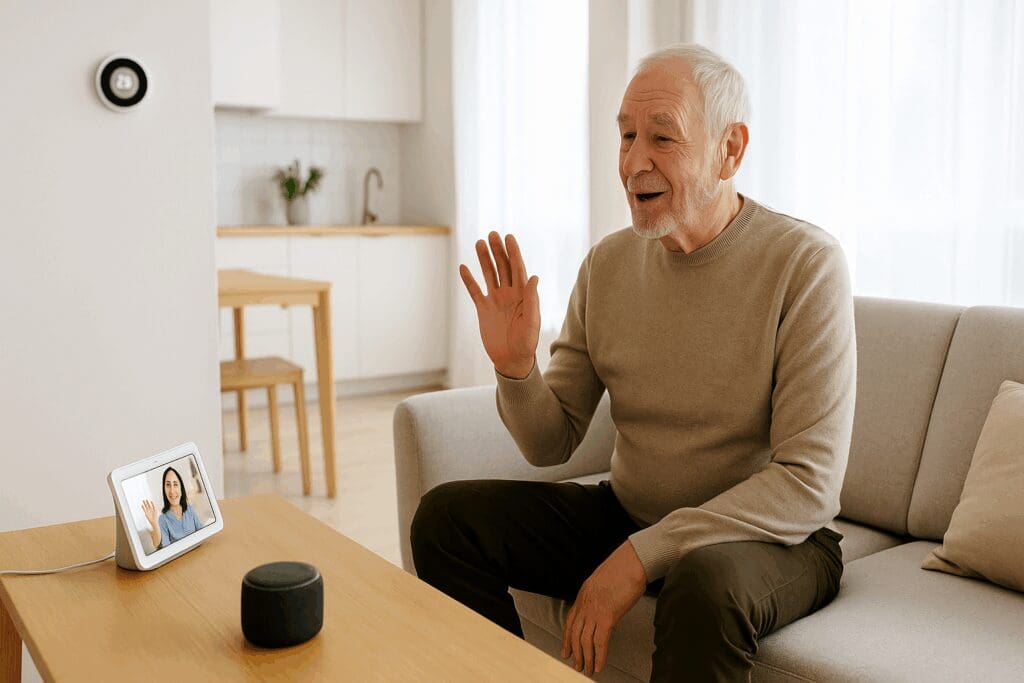 Senior man using smart video call device in a modern living room with smart thermostat and speaker, representing tech in 65 and older apartments

