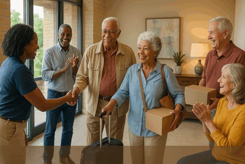New residents arriving at 65 and older apartments, greeted by neighbors and staff in a welcoming senior community setting.

