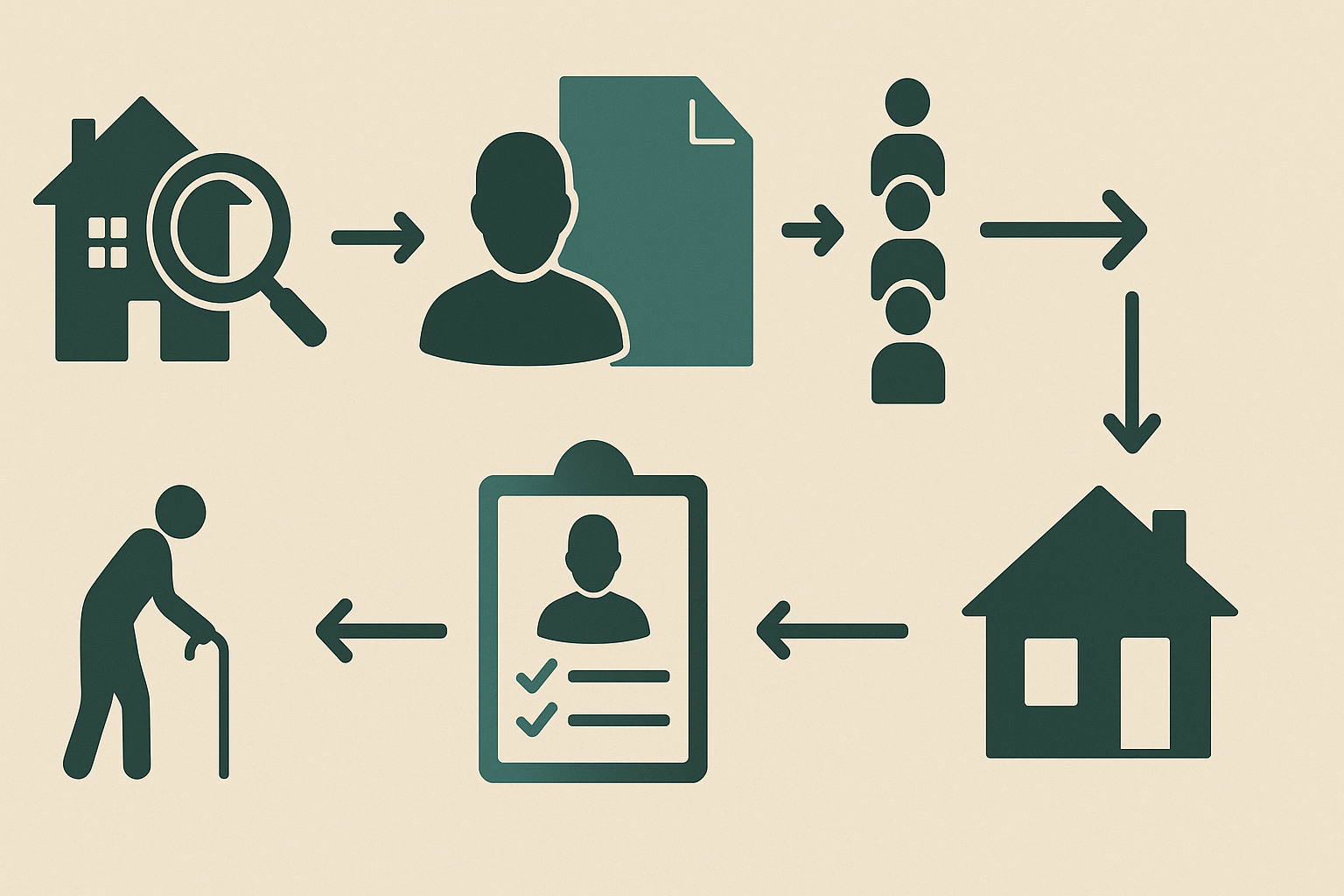Flowchart-style infographic showing five symbolic stages in applying for 65 and older apartments, from research to move-in.

