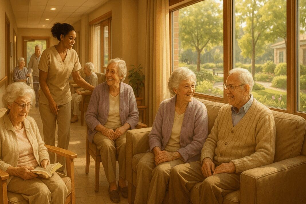 Seniors socializing in a bright, peaceful nursing home common area with caregivers present—ideal for those looking to compare nursing homes.
