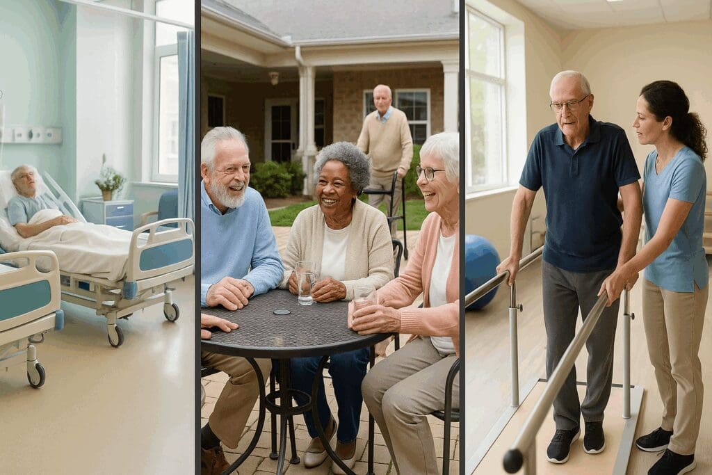 Visual triptych to compare nursing homes, assisted living, and rehab centers through scenes of medical care, socializing, and physical therapy.