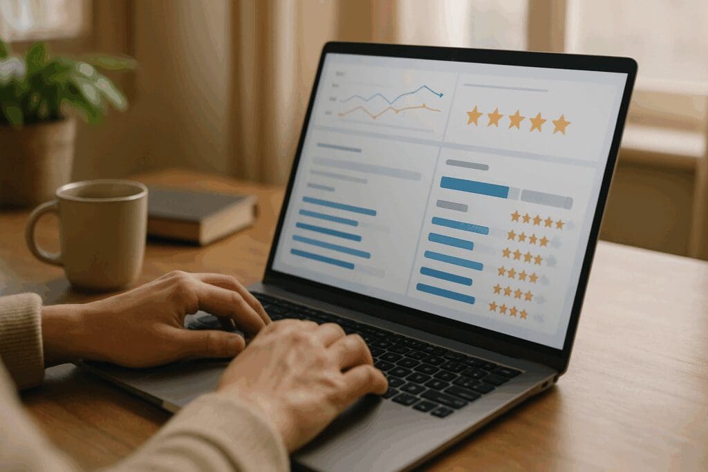 Person using a laptop to compare nursing homes online, with charts, ratings, and graphs in a cozy home office setting.