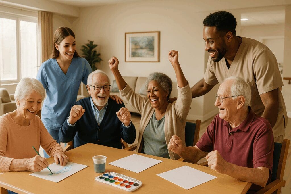 Cheerful nursing home residents doing group activities with caring staff, illustrating what to look for when you compare nursing homes.