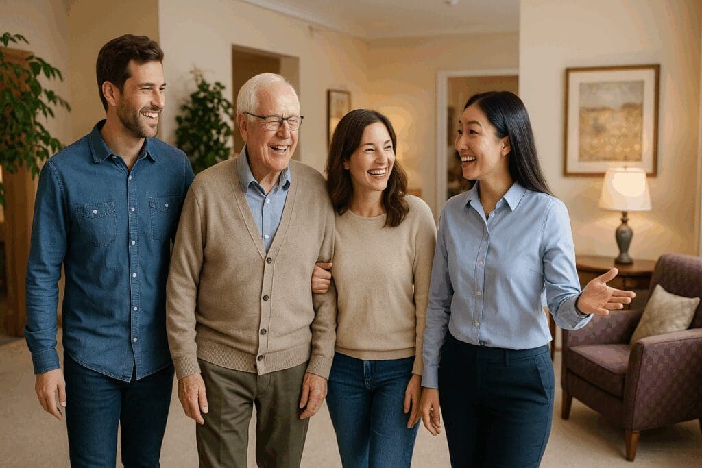 Senior man and his family smiling while touring a nursing home with a guide, helping them compare nursing homes in a warm, welcoming environment.