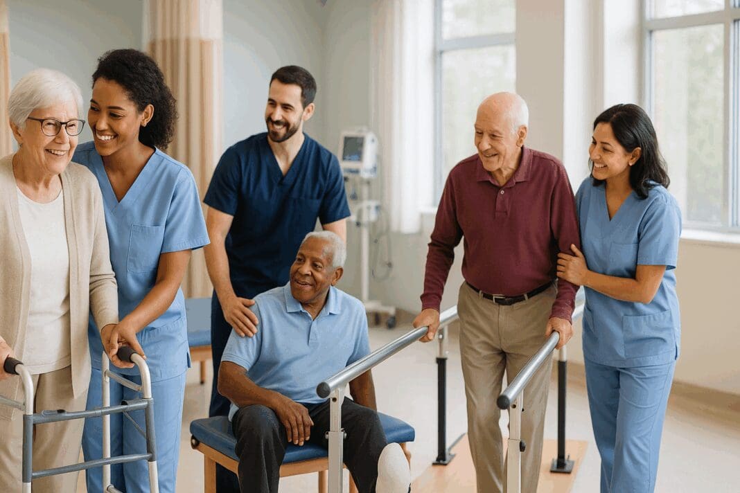 Diverse elderly patients receiving therapy and care from compassionate staff in a clean, modern facility offering skilled nursing and rehabilitation near me.