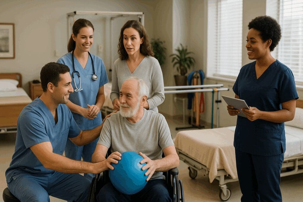 Healthcare team assisting elderly man with therapy ball in skilled nursing and rehabilitation near me setting

