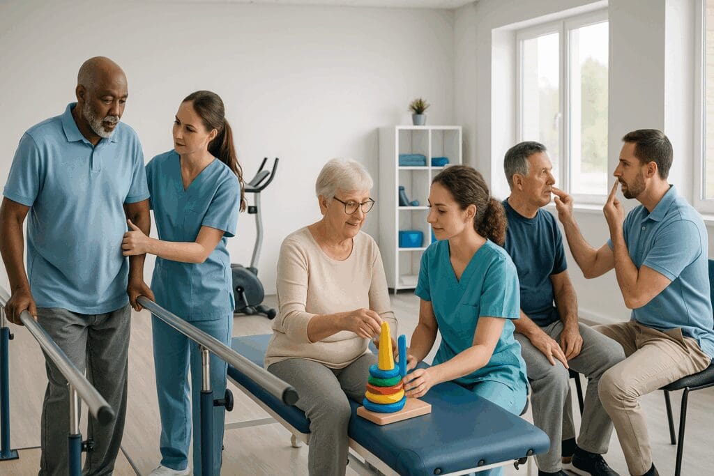 Seniors receiving physical, occupational, and speech therapy in a bright, modern gym at a skilled nursing and rehabilitation near me facility.


