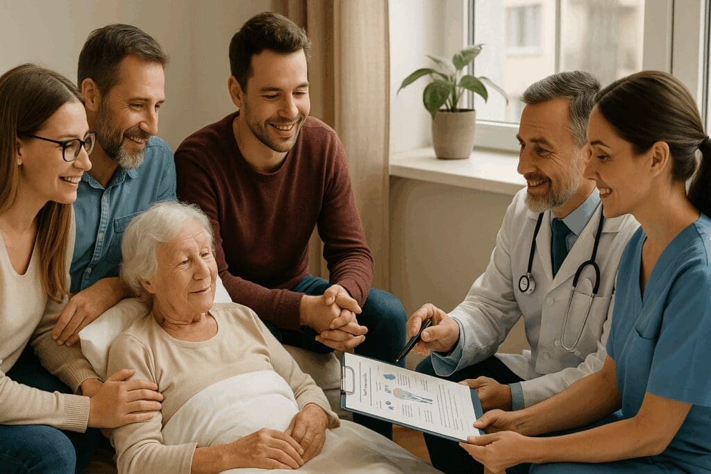 Family meeting with healthcare professionals around elderly patient’s bed, discussing care plan for skilled nursing and rehabilitation near me.

