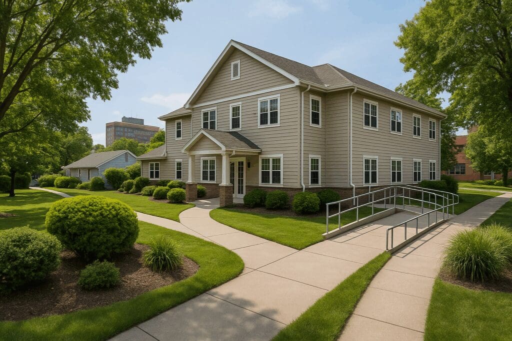 Exterior of a senior care facility with accessibility ramps and walkways in a quiet neighborhood, ideal for skilled nursing and rehabilitation near me

