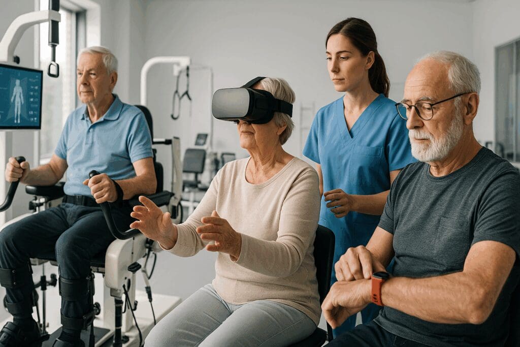 Seniors using robotic rehab equipment, VR therapy, and wearable monitors under supervision at a skilled nursing and rehabilitation near me facility

