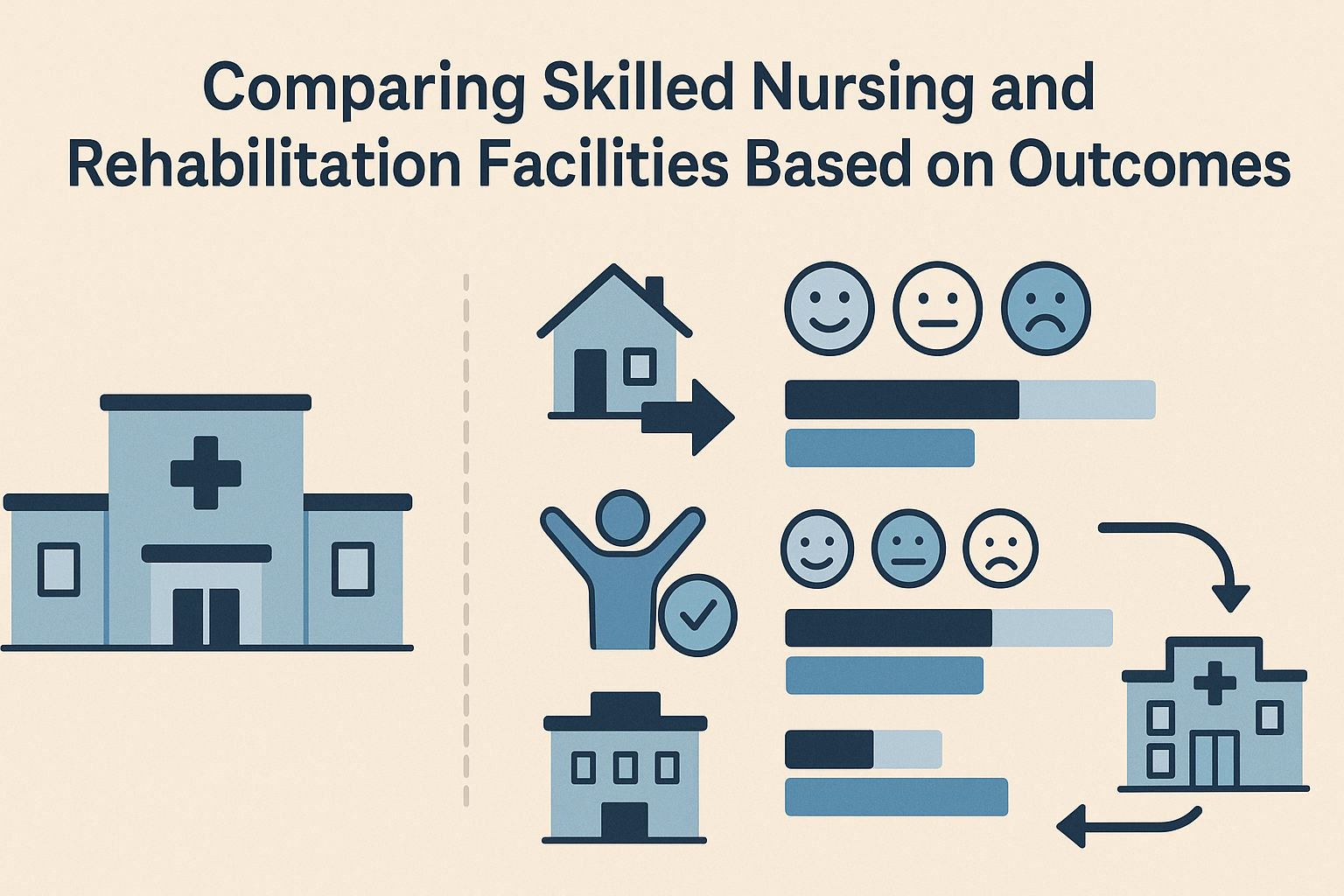 Infographic comparing skilled nursing and rehabilitation near me by discharge rates, patient satisfaction, therapy outcomes, and readmission levels using icons and bar charts.

