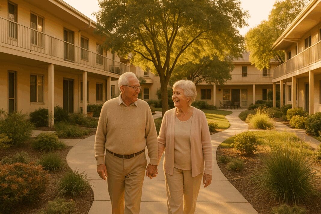 Smiling elderly couple holding hands while walking through a peaceful courtyard at a modern facility, representing assisted living for couples near me.
