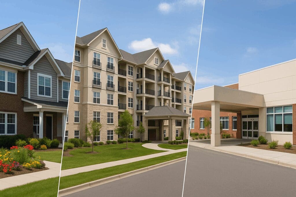 Comparative view of independent living, CCRC, and medical-oriented facilities representing options for assisted living for couples near me