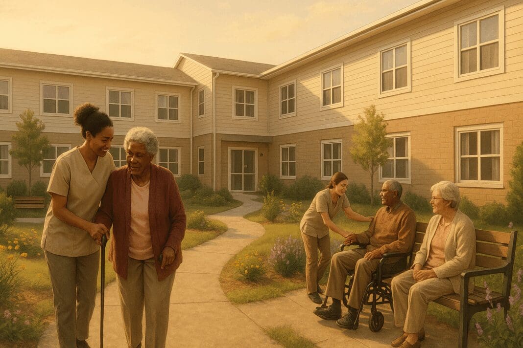 Seniors of diverse backgrounds enjoying a garden at low income assisted living facilities with caregivers offering support