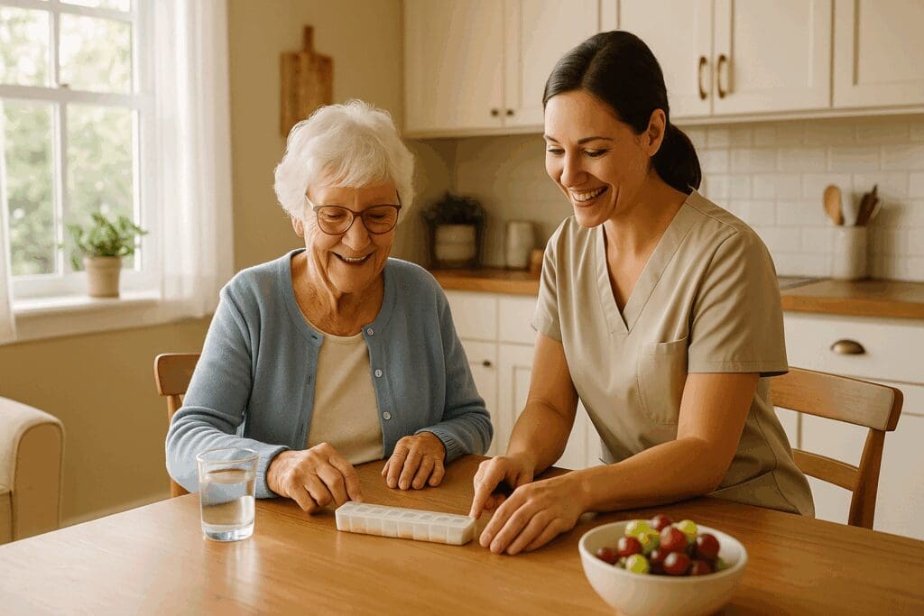 Elderly woman and caregiver smiling while sorting medication in a sunny kitchen of low income assisted living facilities

