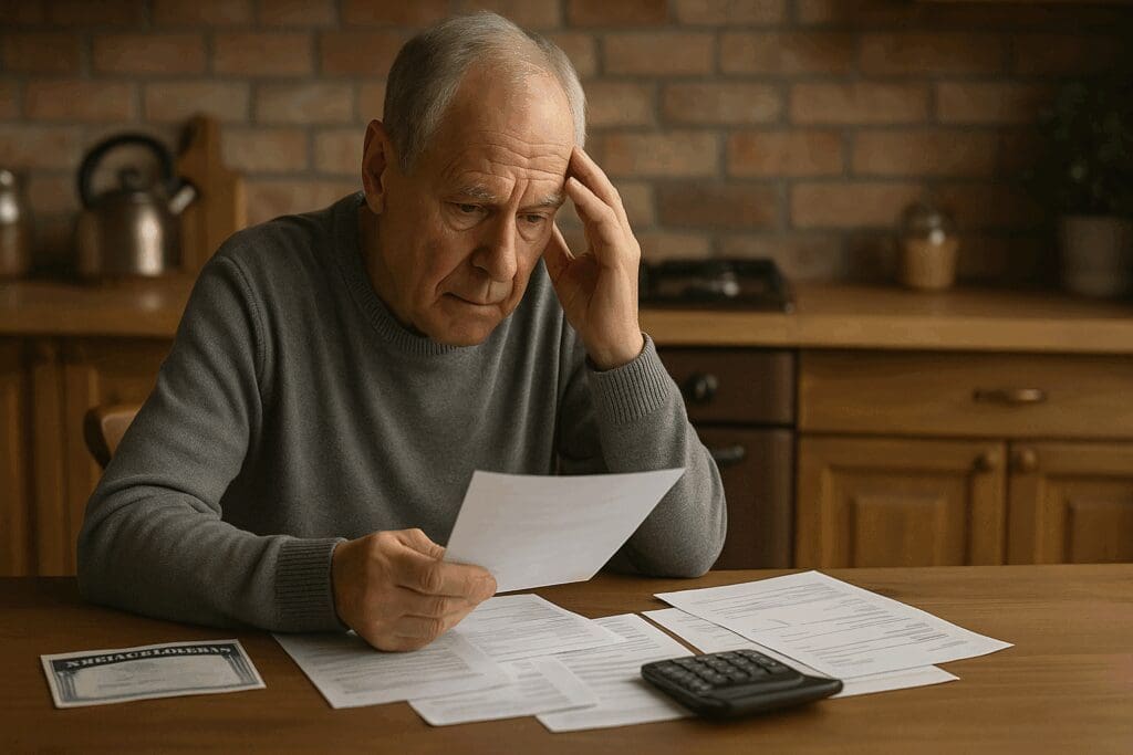 Elderly man at a modest kitchen table reviewing bills and Social Security documents, symbolizing financial stress common in low income assisted living facilities.

