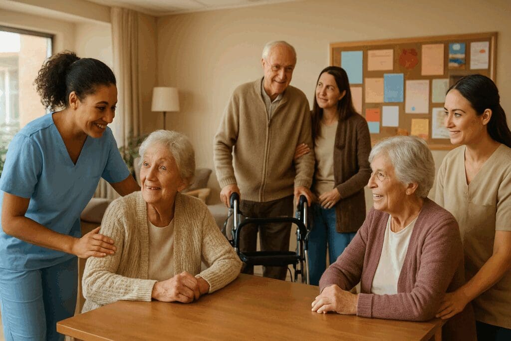 Elderly residents and caregivers interacting warmly in a shared space at one of the low income assisted living facilities, with a community bulletin board in the background.

