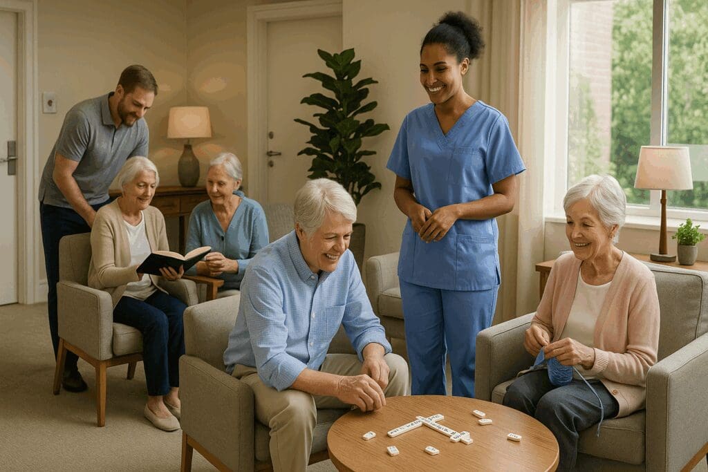 Engaged seniors and caregivers in a cozy, clean common area at one of the low income assisted living facilities, with emergency call systems and natural lighting.

