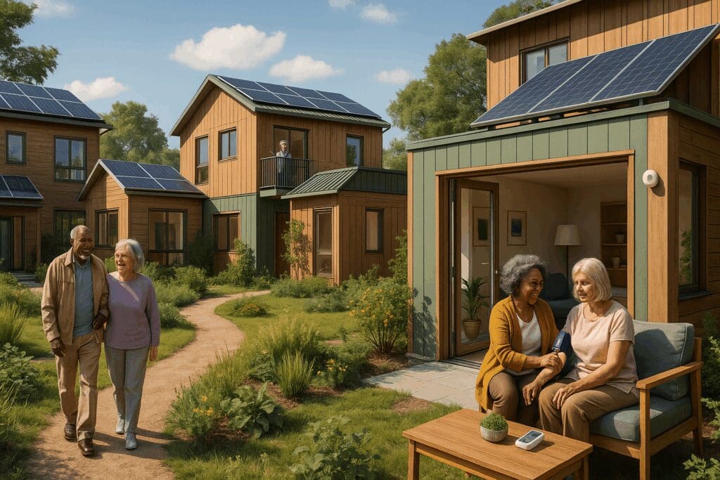 Multiracial seniors outside modular homes with solar panels in eco-friendly low income assisted living facilities

