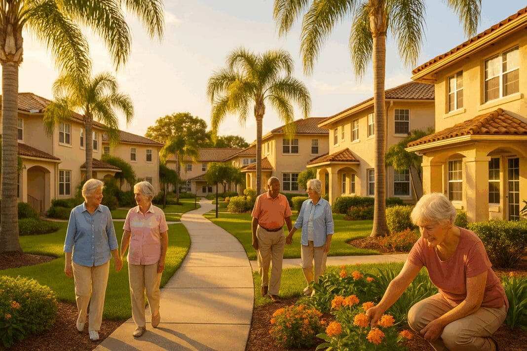 Older adults walking and gardening in a sunlit Florida-style community with palm trees, representing low income senior apartments in Orlando FL