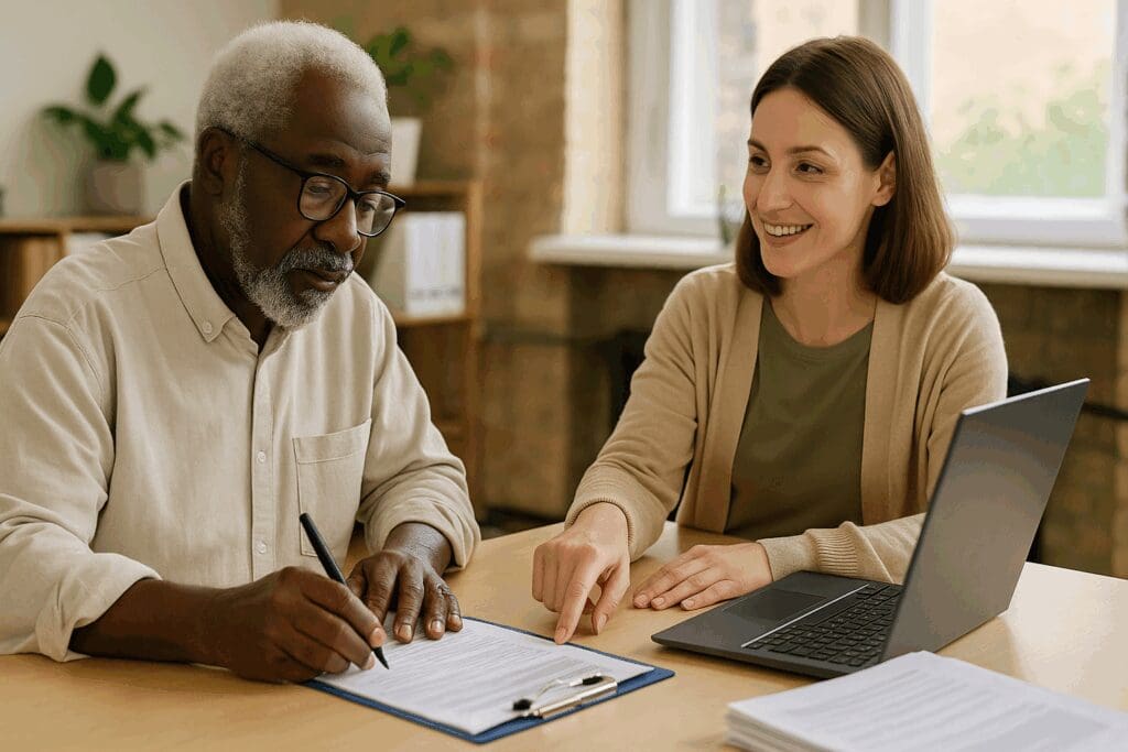 Senior man completing housing assistance paperwork with a caseworker at a community office for low income senior apartments in Orlando FL