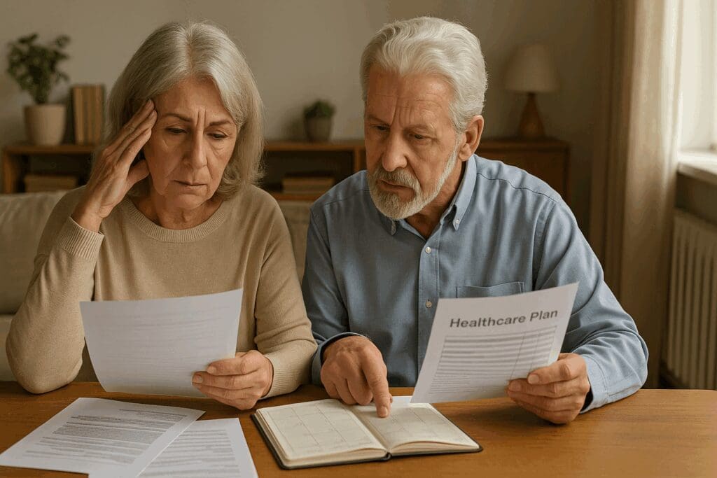 Senior couple reviewing financial and healthcare plans at home, representing planning for low income senior apartments in Orlando FL.