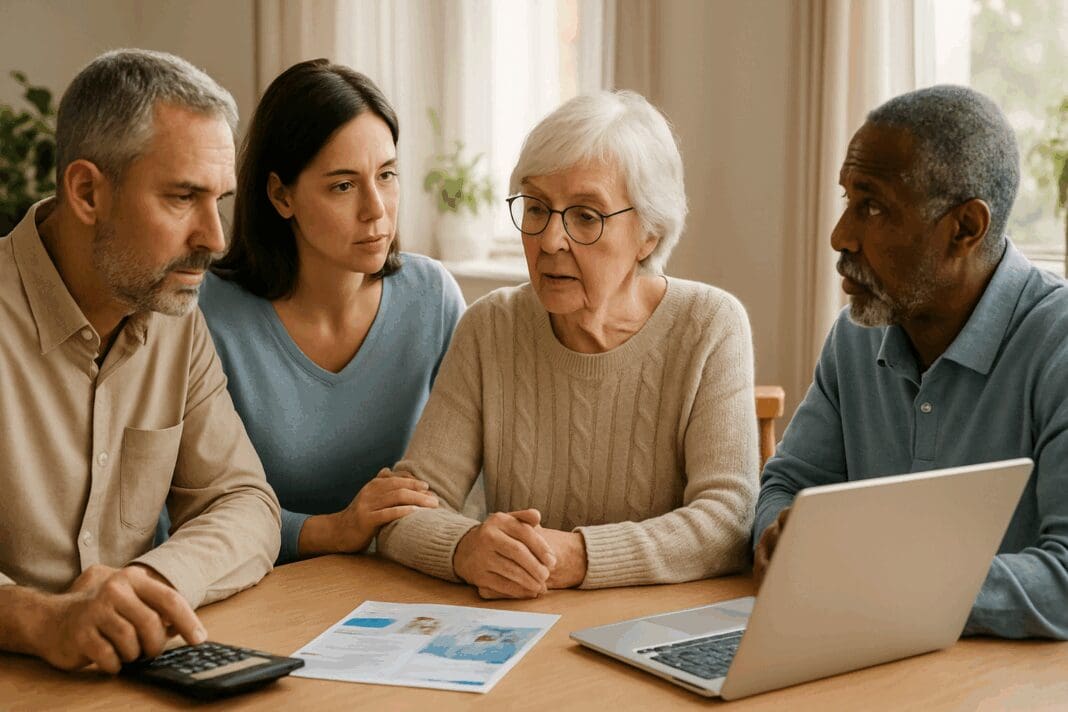 Diverse family discussing the cost of long term care at home with a laptop, calculator, and brochures on the table.