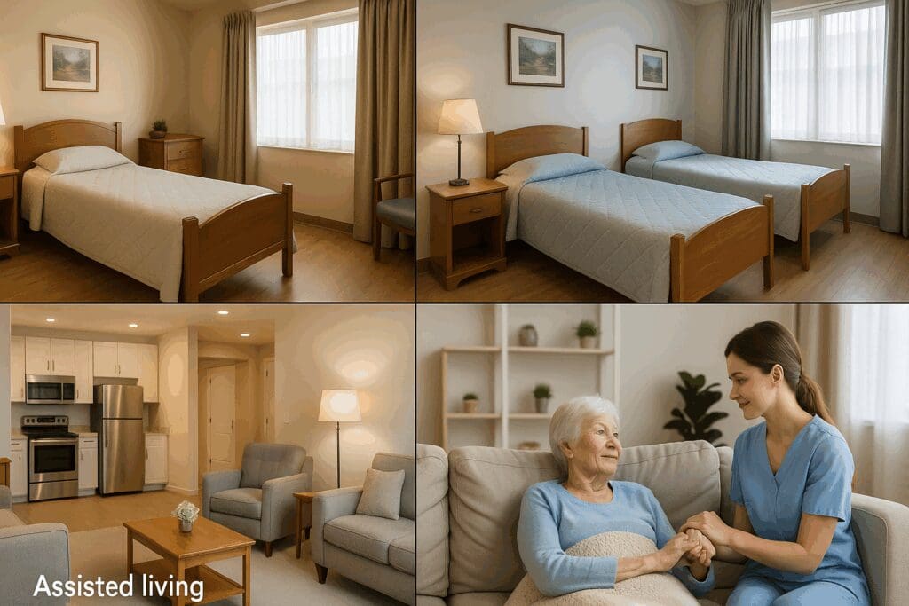 Side-by-side view of four senior care environments—private room, shared room, assisted living, and in-home care—visually representing the cost of long term care in 2025.

