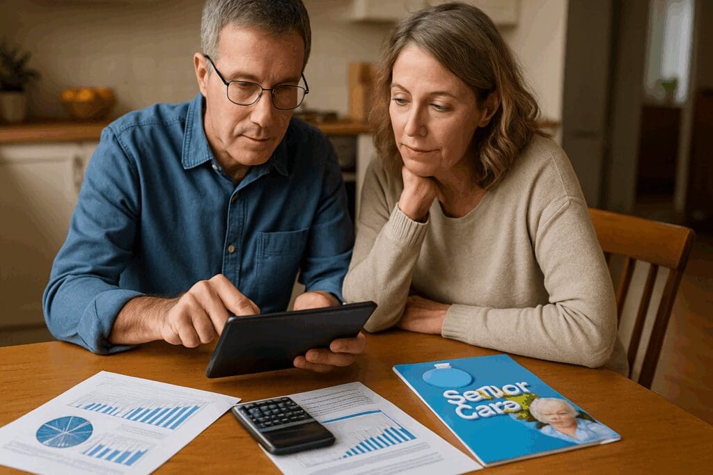 Middle-aged couple using a tablet at a kitchen table while reviewing charts and brochures related to the cost of long term care.